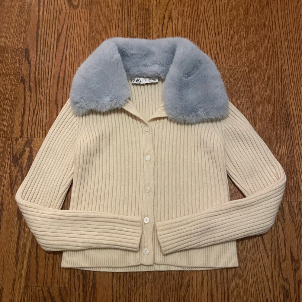 Zara Faux Fur Collar Sweater Knit Cardigan Women’s Size SMALL